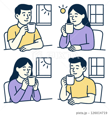 Enjoying warm beverage, these illustrations depict cozy morning routine with sunlight streaming 126014719