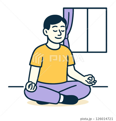 Meditating man relaxed pose, sitting cross legged by window, promoting calmness and mindfulness Meditating man relaxed pose, sitting cross legged by window, promoting calmness and mindfulness 126014721