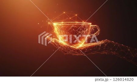 Abstract hand holding glowing coffee cup, digital art 126014820