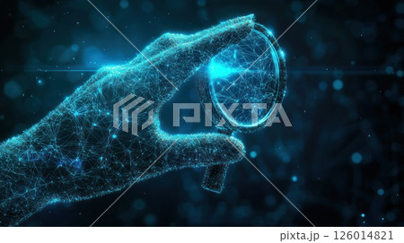Abstract hand holding magnifying glass, digital art, dark background, bokeh 126014821