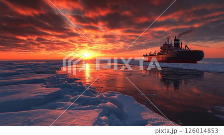 Arctic Sunrise Ship Breaks Ice Dramatic Sunset 126014853