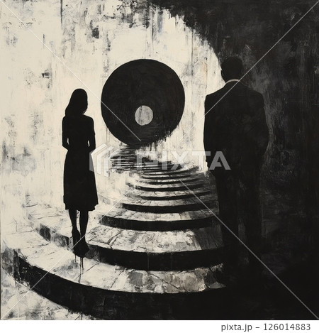 Abstract painting, two figures, spiral stairway, black circle, contemplation 126014883