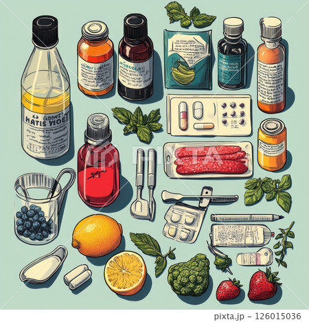 Colorful assortment of medicinal supplies, food, and vitamins on a light-blue background, showing a comprehensive medical kit 126015036