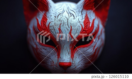 Close-up of a decorative cat mask, red details, dark background 126015110