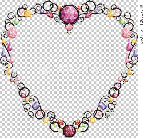 Heart-shaped frame decorated with jewels (warm colors, black lines) Heart-shaped frame decorated with jewels (warm colors, black lines) 126015349