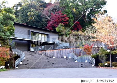 湯河原町　万葉公園湯河原惣湯玄関テラスエントランスと紅葉 126015452