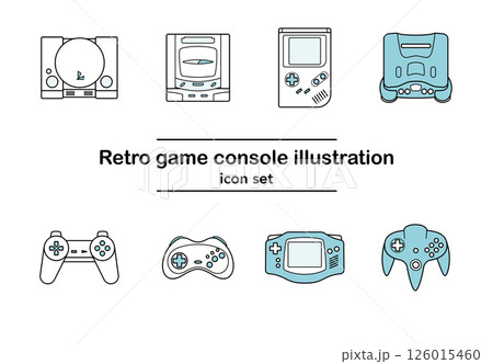 レトロゲーム機のアイコンセット・シンプルな線画風デザイン｜プレステ、サターン、ゲームボーイ（カラー） 126015460