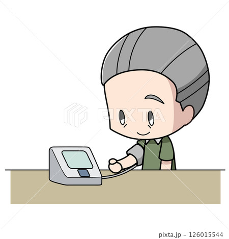 上腕式カフの血圧計で血圧を測る高齢男性のイラスト 126015544