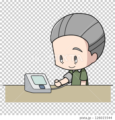 上腕式カフの血圧計で血圧を測る高齢男性のイラスト 126015544
