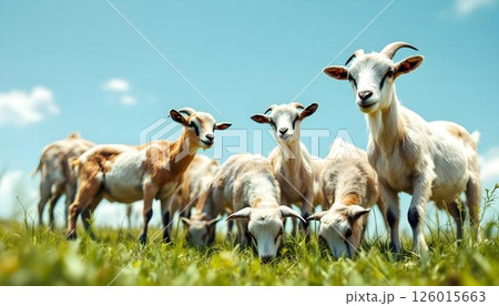 Goats peacefully grazing in a field against a blue sky, reflecting the spirit of sacrifice for Eid al-Adha Goats peacefully grazing in a field against a blue sky, reflecting the spirit of sacrifice for Eid al-Adha 126015663