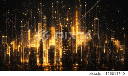 A futuristic cityscape glowing with golden lights, featuring abstract buildings and a cybernetic, digital atmosphere under a dark sky. 126015740