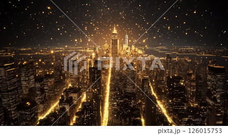 A futuristic cityscape glowing with golden lights, featuring abstract buildings and a cybernetic, digital atmosphere under a dark sky. 126015753