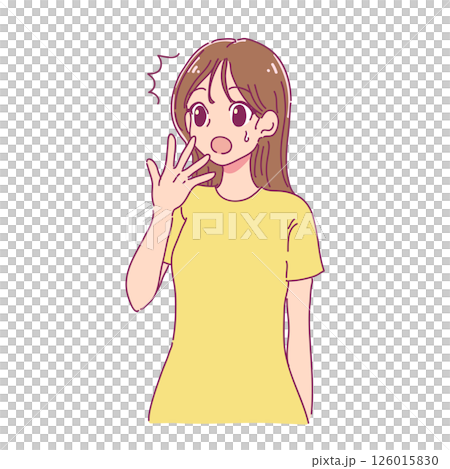 A cartoon-style illustration of a woman looking surprised with her hand over her mouth (color) 126015830
