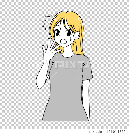 卡通風格的插圖，一位女士用手摀住嘴，看起來很驚訝（黃色 x 灰色） 126015832