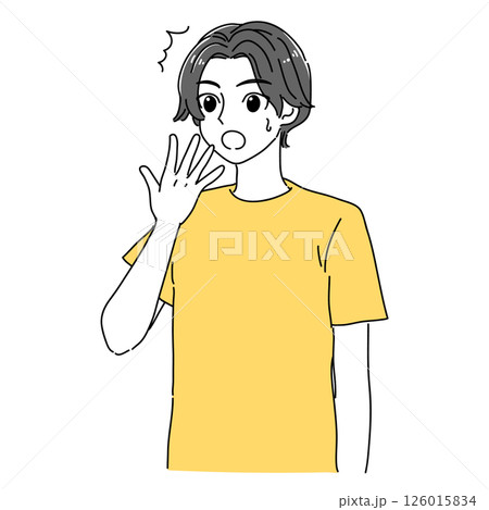 漫画テイストな口に手を当ててびっくりしてる男性のイラスト(イエロー×グレー) 126015834