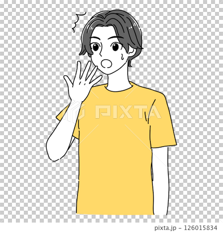 漫画テイストな口に手を当ててびっくりしてる男性のイラスト(イエロー×グレー) 126015834