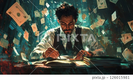 Man writing amidst falling money in dimly lit room 126015981