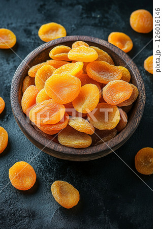 A wooden bowl brimming with dried apricots, some scattered around, their vibrant orange color contrasting beautifully with the dark, textured surface below. A wooden bowl brimming with dried apricots, some scattered around, their vibrant orange color contrasting beautifully with the dark, textured surface below. 126016146