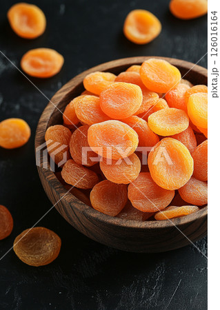 A wooden bowl brimming with dried apricots, some scattered around, their vibrant orange color contrasting beautifully with the dark, textured surface below. 126016164