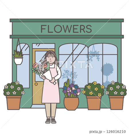 花屋の前にたつ女性店員のイラスト 126016210