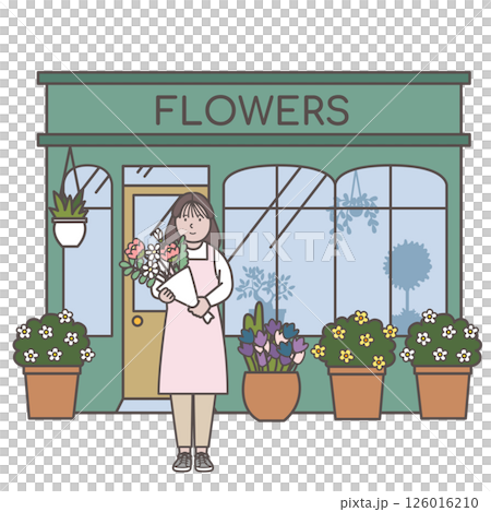 花屋の前にたつ女性店員のイラスト 126016210
