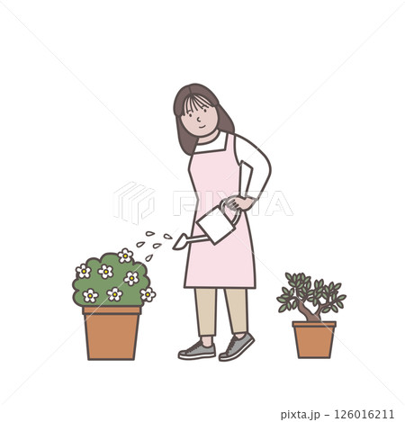 植物に水をあげる花屋の女性店員のイラスト 植物に水をあげる花屋の女性店員のイラスト 126016211
