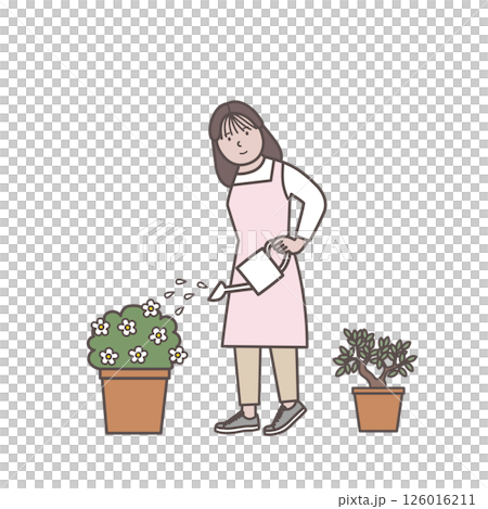 植物に水をあげる花屋の女性店員のイラスト 植物に水をあげる花屋の女性店員のイラスト 126016211