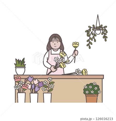 ブーケをつくる花屋の女性店員のイラスト 126016213