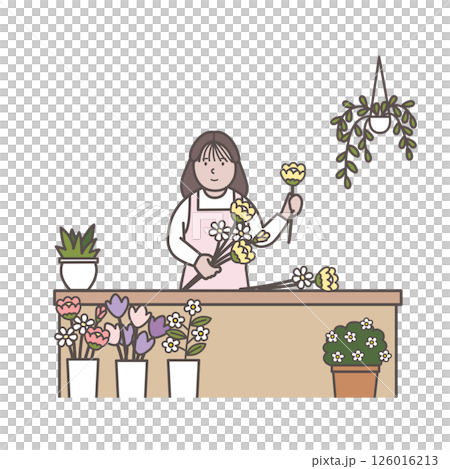 ブーケをつくる花屋の女性店員のイラスト 126016213