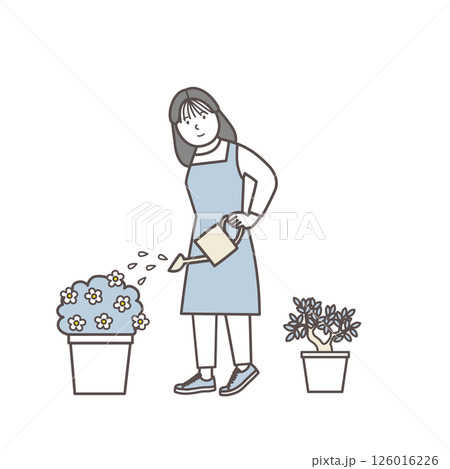 植物に水をあげる花屋の女性店員のイラスト 植物に水をあげる花屋の女性店員のイラスト 126016226