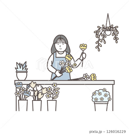 ブーケをつくる花屋の女性店員のイラスト 126016229