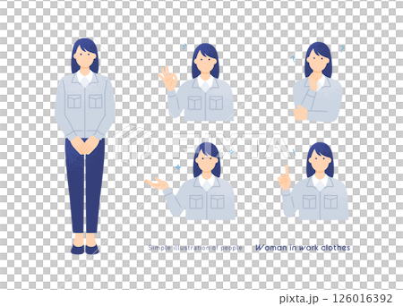 工作服女人手勢 5 姿勢套裝。該領域的向量插圖，包括 OK 標誌、指示和靈感。 126016392