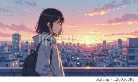夕焼けの屋上に立つアニメ風の少女のイラスト素材 [126016395] - PIXTA