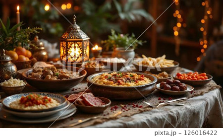 A festive table for Eid al-Adha displaying Mandi, meat, rice, and a lantern, creating a warm atmosphere A festive table for Eid al-Adha displaying Mandi, meat, rice, and a lantern, creating a warm atmosphere 126016422