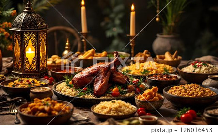 A traditional Ramadan feast for Eid al-Adha, displaying roasted lamb, rice, and Harees on a decorated table 126016453