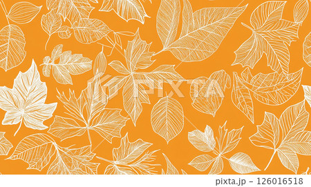 White outlined leaves on an orange background, forming an intricate and visually appealing repeating pattern. 126016518