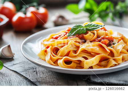 A plate of pasta topped with rich tomato sauce and fresh basil, served on a wooden table, showcasing a delightful and flavorful Italian meal. A plate of pasta topped with rich tomato sauce and fresh basil, served on a wooden table, showcasing a delightful and flavorful Italian meal. 126016662