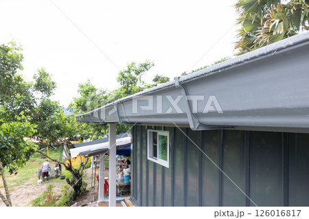 Roof gutter or rain gutter in perspective view. Roof gutter or rain gutter in perspective view. 126016817