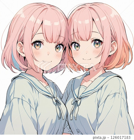 AI生成素材・双子のかわいい女の子・上半身イラスト（白背景） 126017183