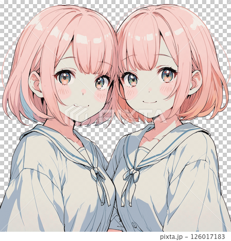 AI生成素材・双子のかわいい女の子・上半身イラスト（白背景） 126017183