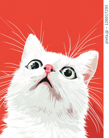 A close-up illustration of a white cat with large, black eyes and a pink nose, looking upwards against a coral pink background. The fur is detailed, and the expression is captivating. 126017295