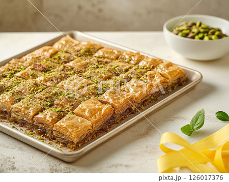 A tray of freshly baked baklava topped with chopped pistachios and honey, surrounded by bowls of honey and pistachios. The golden-brown pastry looks delicious and inviting. 126017376