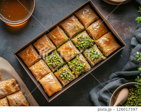 A tray of freshly baked baklava topped with chopped pistachios and honey, surrounded by bowls of honey and pistachios. The golden-brown pastry looks delicious and inviting. 126017397