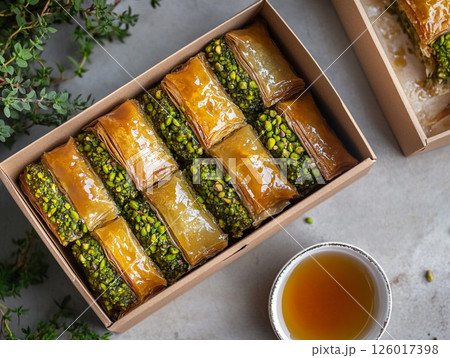 A tray of freshly baked baklava topped with chopped pistachios and honey, surrounded by bowls of honey and pistachios. The golden-brown pastry looks delicious and inviting. 126017398