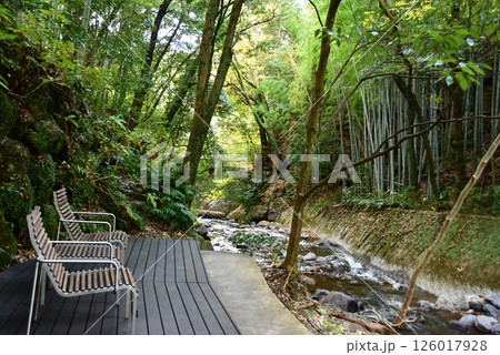 湯河原町　万葉公園湯河原惣湯川の道とテラスと竹林と千歳川 126017928