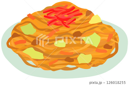 お皿にのった焼きそばのイラスト ベクター素材 126018255