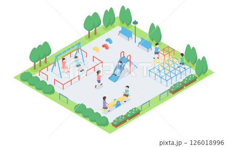 多くの子供達が遊んでいる公園のアイソメトリックイラスト 126018996