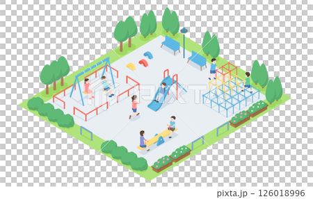 多くの子供達が遊んでいる公園のアイソメトリックイラスト 126018996
