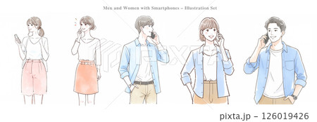 スマホを持つ男女のイラスト素材セット 126019426