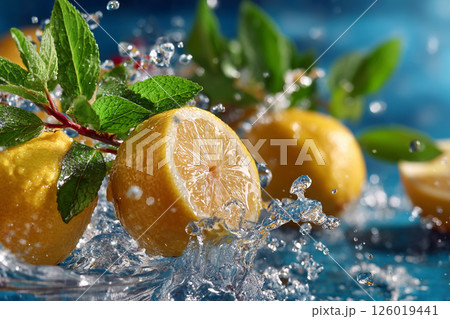 水しぶきを浴びたみずみずしいレモンの背景素材 126019441